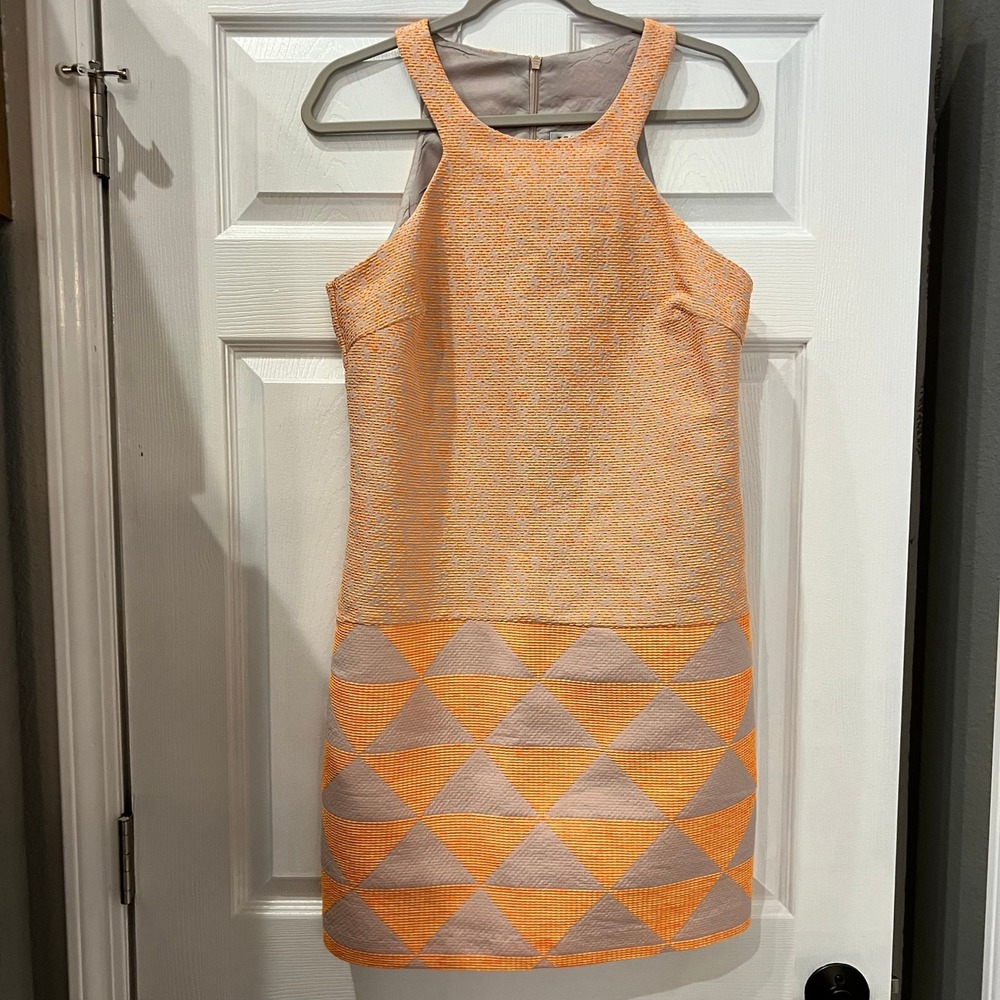 Trina Turk Shift Dress Polyester Cotton Jacquard Geometric Orange 10 Mod Retro